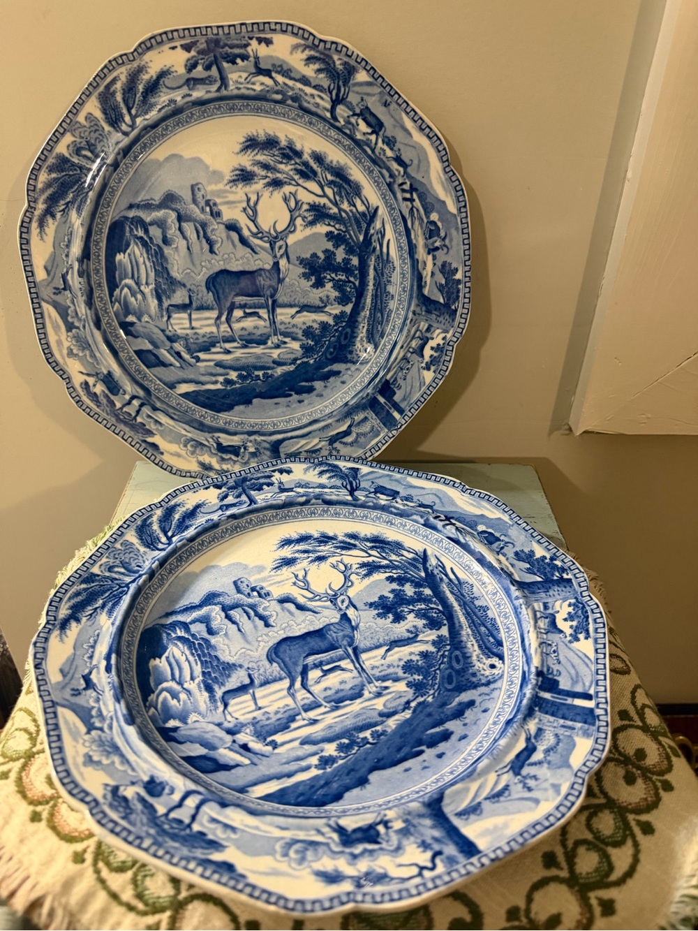 Antique Blue and White Dinner Plates - Bewick Stag Pattern